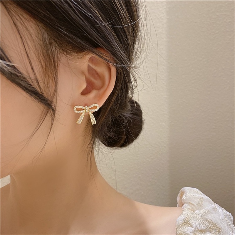 Bông Tai Mạ Bạc 925 Hình Nơ Đính Kim Cương Phong Cách Hàn Quốc Thanh Lịch