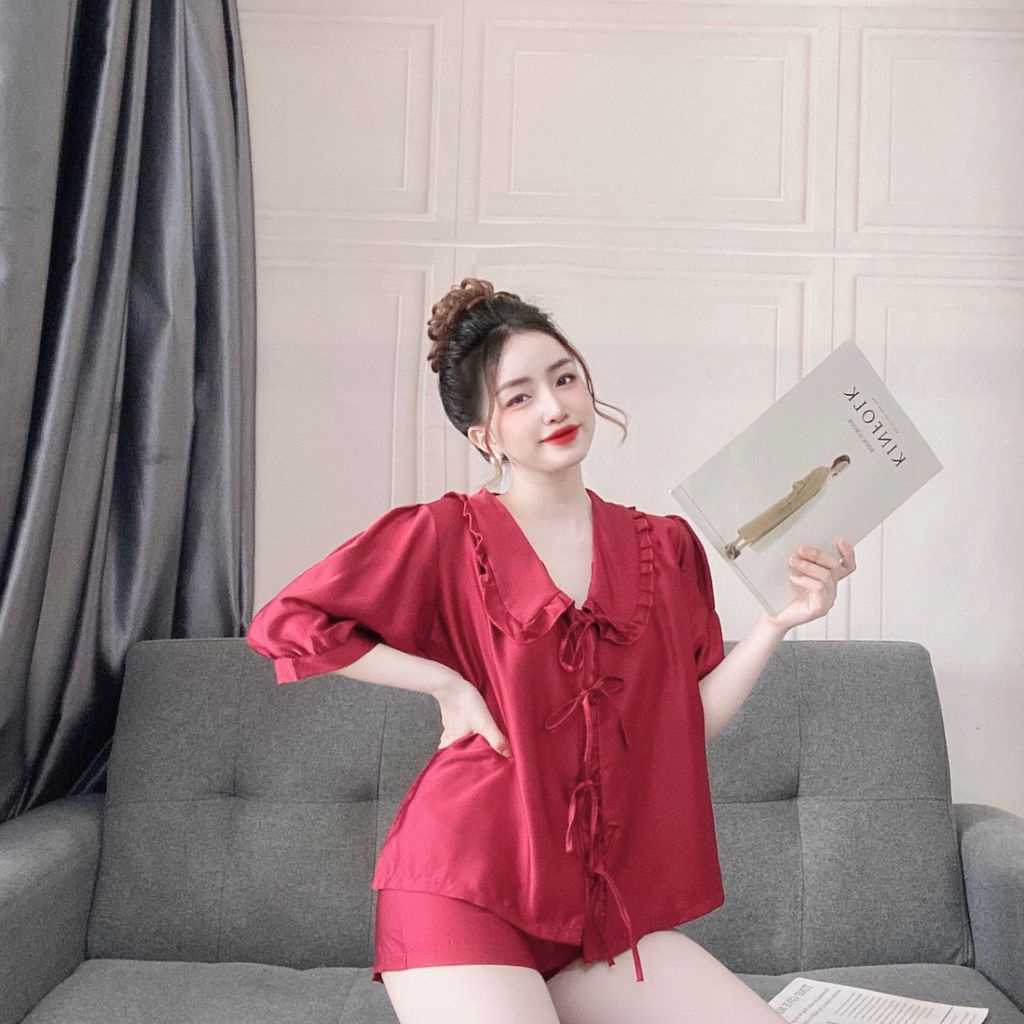 Đồ Bộ Tiểu Thư Mặc Nhà Chất Vải Satin Lụa Cao Cấp Cột Dây Nút - DOMIN | BigBuy360 - bigbuy360.vn