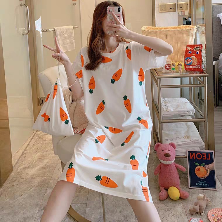 VÁY NGỦ MẶC NHÀ HỌA TIẾT CÀ RỐT - VÁY NGỦ IN HÌNH MICKEY - TRÁI TIM HỒNG CUTE