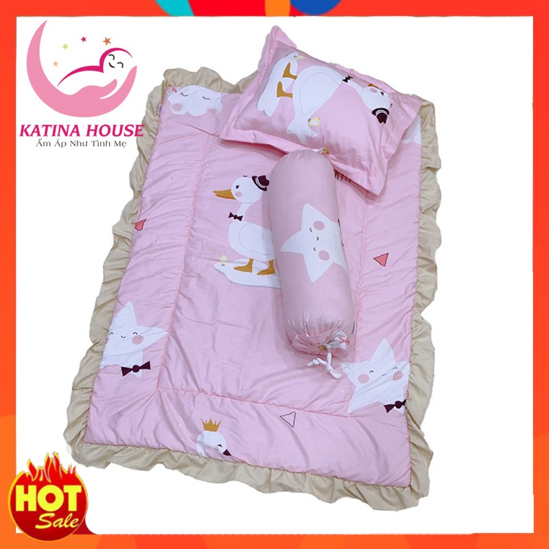 Bộ nệm gối trẻ em 1-4t, vải cotton 100% thoáng mát, nệm bèo đáng yêu cho bé 75x110cm