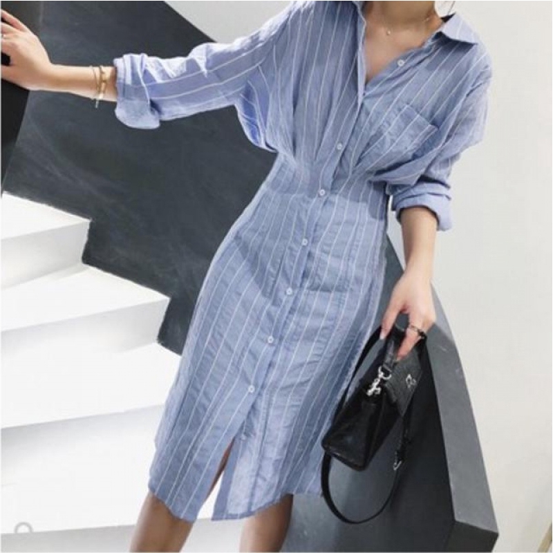 Đầm Midi nữ tay dài kẻ sọc thời trang Hàn Quốc