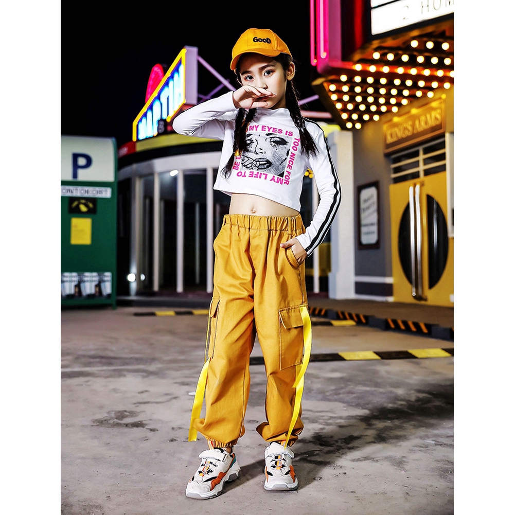Bộ Áo Croptop Tay Dài Phối Quần Dài Kiểu Hip-Hop Thời Trang Cho Bé Gái