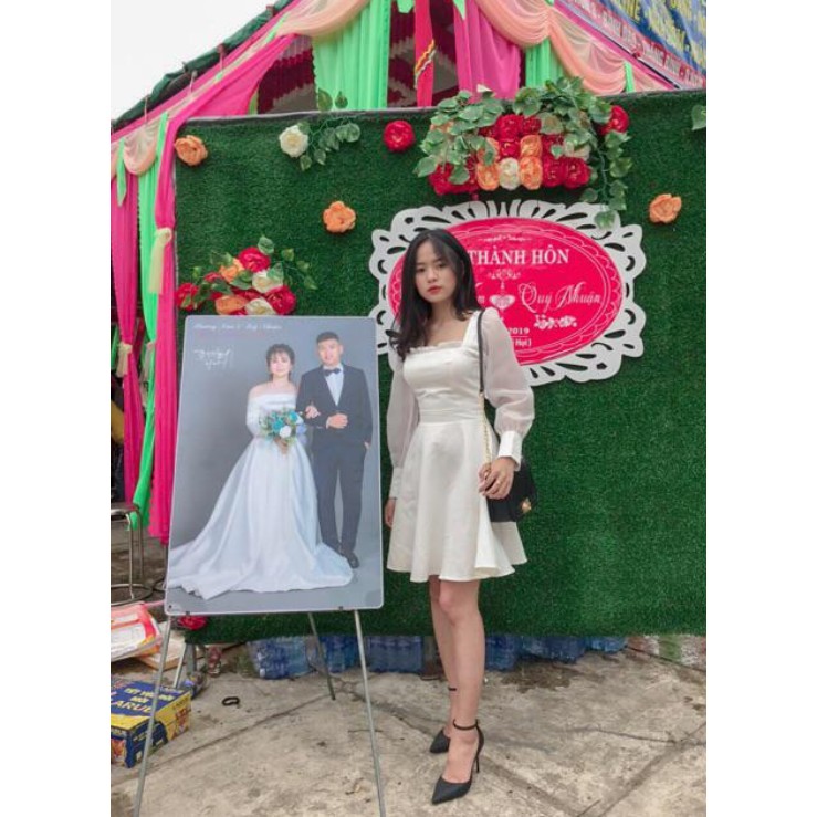 [vải 2 lớp] Đầm nữ trắng dễ thương dự tiệc trắng xòe tay phồng dễ thương [BABE Dress]