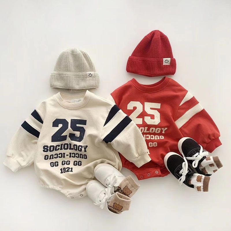 Bộ Áo Liền Quần Bằng Cotton Tay Dài In Chữ Phong Cách Hàn Quốc Thời Trang Xuân Thu Dành Cho Bé Trai Gái 0-24 Tháng Tuổi 6W