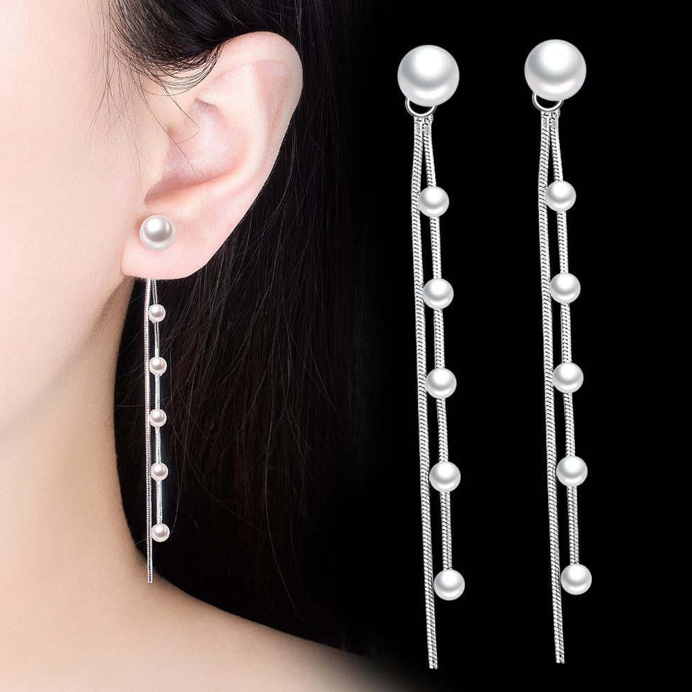 AIFEI♥ Silver 925 Original Doudou Hanging Earrings Women's Korean-Style Tassel Temperamental Long Pearl Back Earrings Simple Ear Chain Earrings-S1