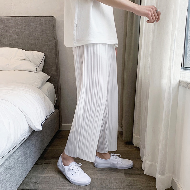Quần Baggy Lụa Lạnh Ống Rộng Màu Trắng Thời Trang Hàn Quốc Cho Nam