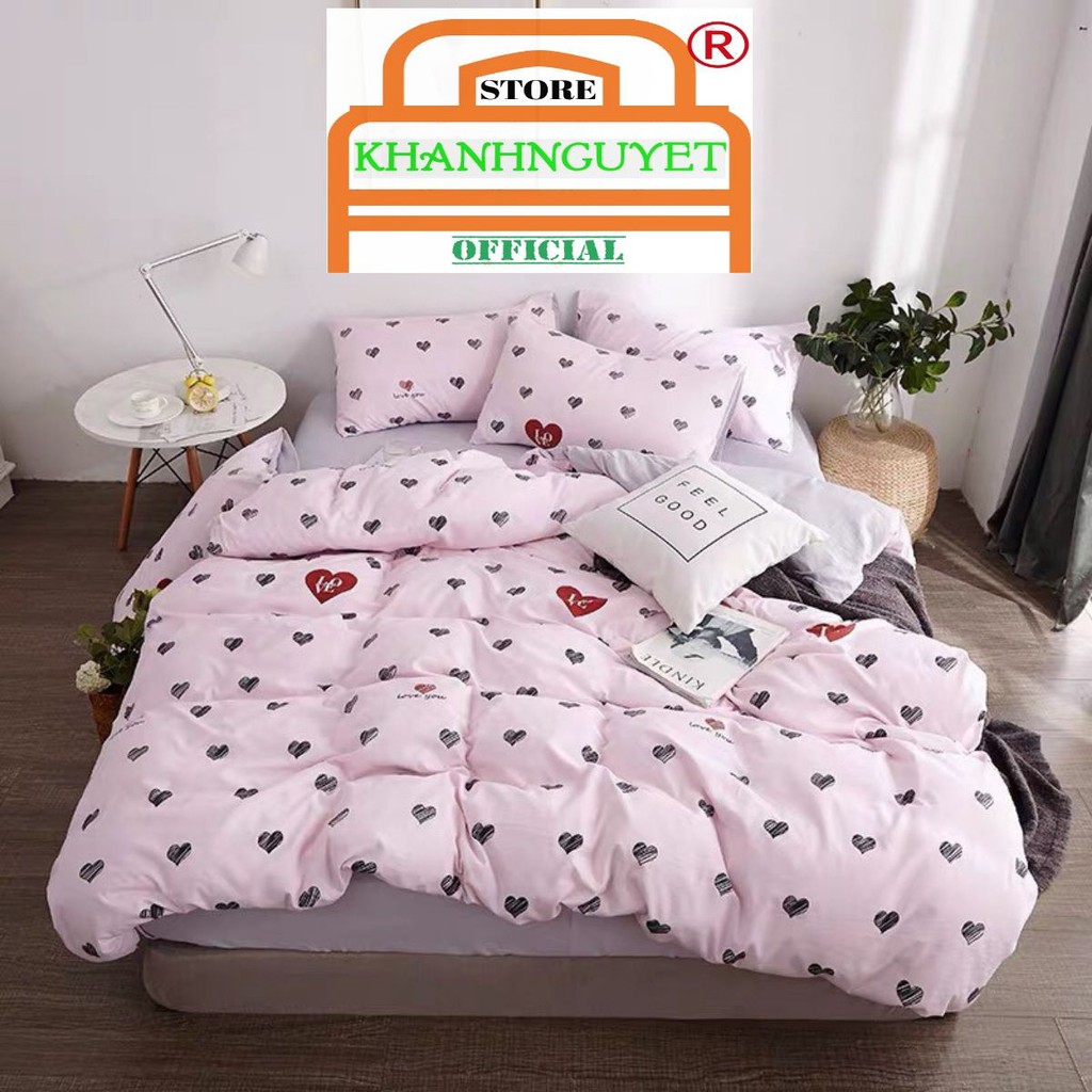 Bộ vỏ chăn drap gối cotton đũi-Trái Tim Đen FSD