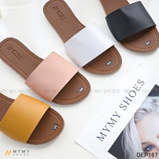 Dép bệt da lì quai ngang bản to mũi tròn my my shoes