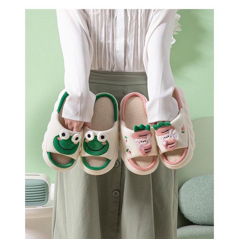 Dép vải bông quai ngang đế giả cói kiểu dáng ulzzang siêu êm,dép bông đi trong nhà hình thú A144 Warm&Cute