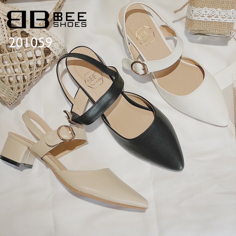 BEESHOES - GIÀY BÚP BÊ NỮ MŨI NHỌN QUAI HẬU KHUY D - GIÀY BÚP BÊ NỮ ĐẾ VUÔNG CAO 3 PHÂN SẴN MÀU ĐEN - BE - TRẮNG 201059