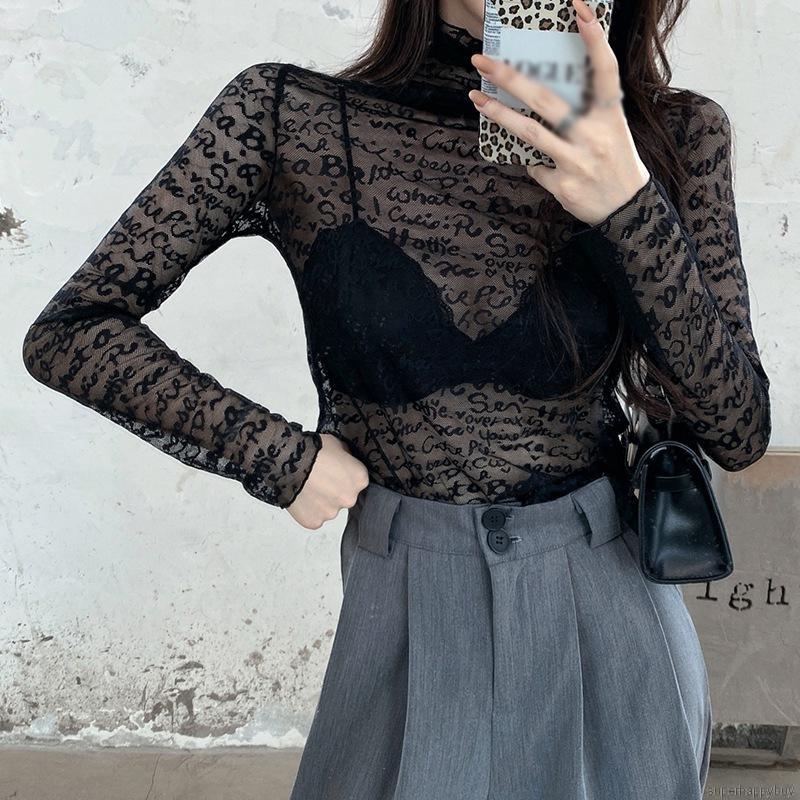 Áo Tay Dài Phối Ren Xuyên Thấu Thời Trang Mùa Thu Quyến Rũ Cho Nữ