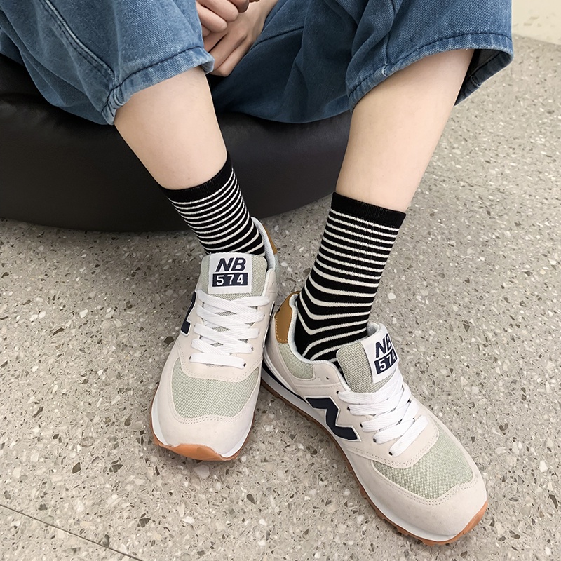 Ins Korean Striped Women Crew Socks Cotton Female Casual Semi-high Socks Ready Stock Ladies Middle Socks