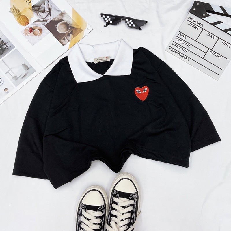 ÁO CROPTOP POLO OVERSIZED THÊU LOGO - ĐEN | BigBuy360 - bigbuy360.vn