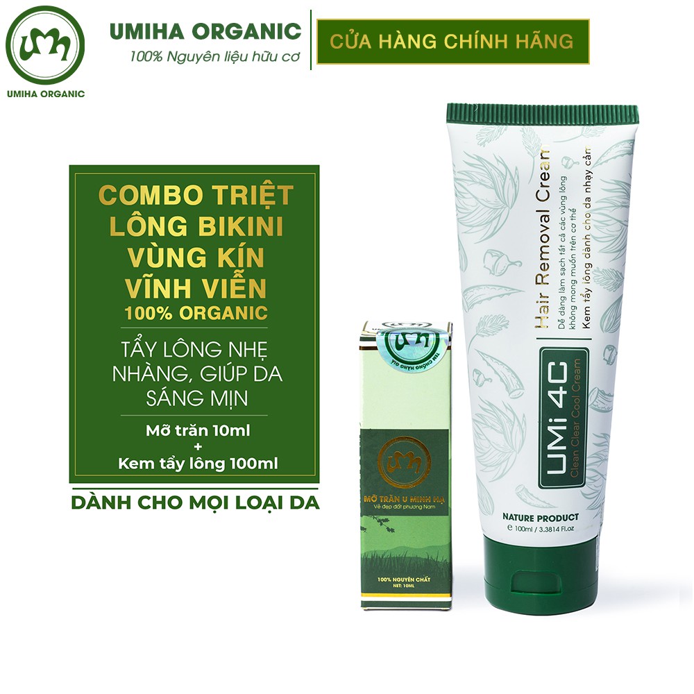 Tẩy triệt lông Vùng Kín Bikini vĩnh viễn UMIHA - Combo Mỡ trăn triệt lông U Minh Hạ (10ml) Kem tẩy lông Umi 4C (100ml)