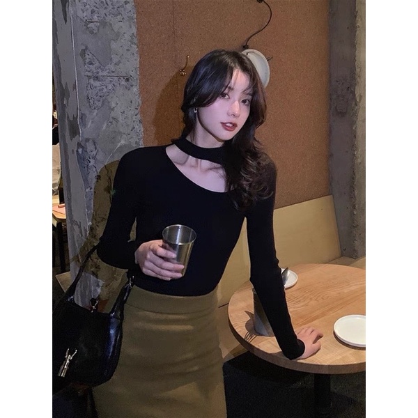 Áo len tăm cổ chéo chất dày nữ tính phong cách Ulzzang