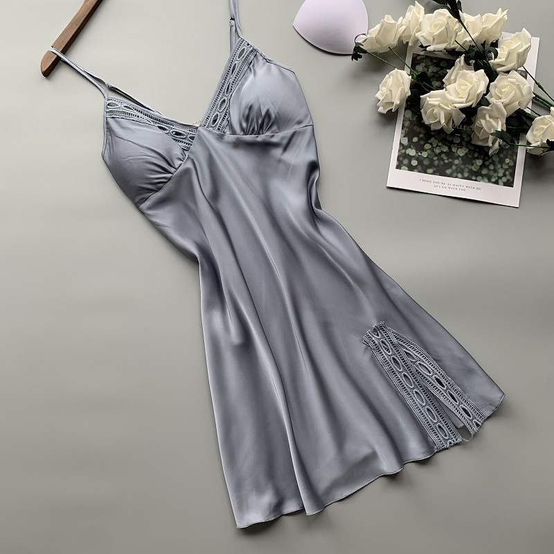 Đầm ngủ hai dây vải lụa phối ren thời trang xuân hè phong cách Hàn Quốc quyến rũ cho nữ