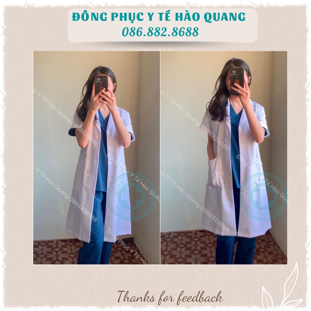 Áo Blouse trắng Hào Quang dáng dài cho bác sĩ, dược sĩ, spa, thẩm mỹ hàng cao cấp