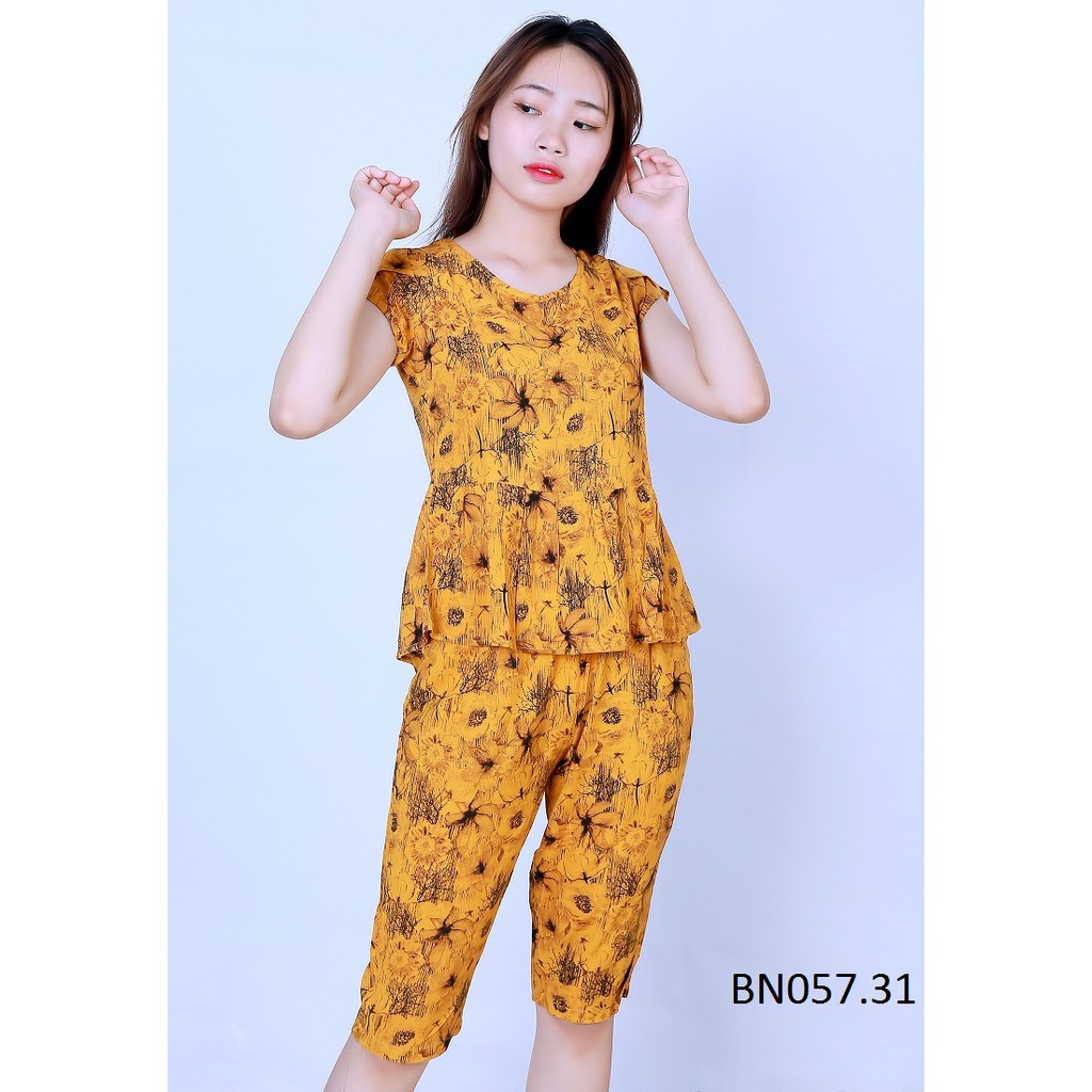 Bộ mặc nhà lanh (tole) Vicci BN057 quần lửng áo cộc tay dáng peplum phối sắc màu