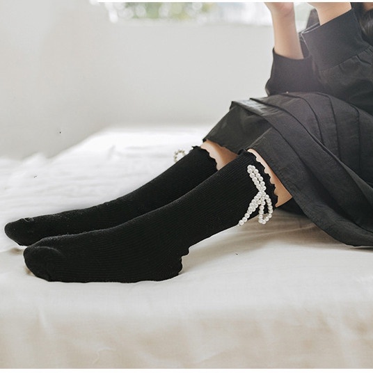 Vớ Cotton Màu Trơn Đính Ngọc Trai Cho Bé 3-12 Tuổi