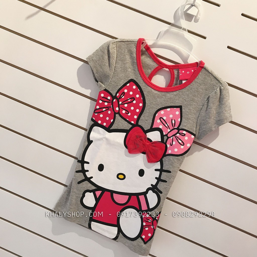 Áo thun tay ngắn trẻ em hình mèo Hello Kitty màu xám viền hồng size XS cho bé gái 4 tuổi (Mỹ US-UK) - ATTDKT03