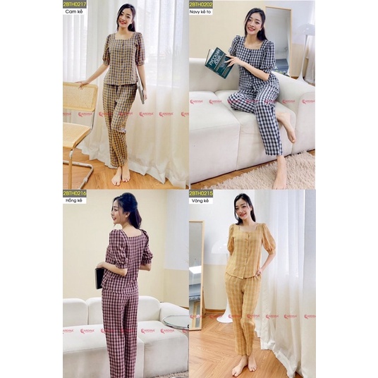 Đồ Bộ Nữ 𝐂𝐀𝐑𝐃𝐈𝐍𝐀 4 Màu Kẻ Chất Thô Nhật Cao Cấp Áo Cổ Vuông Tay Phồng Quần Dài Thoáng Mát Nhẹ Nhàng 2BTH02
