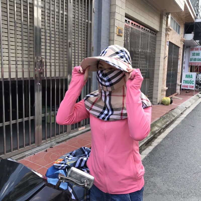 Mũ chống nắng đa năng nữ,  mũ chống nắng kèm khẩu trang trùm vai gáy mũ vải cotton dep