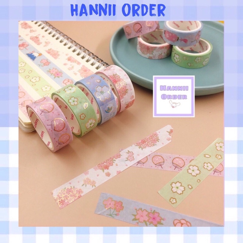 Set 4 washi tape hoa anh đào viền vàng