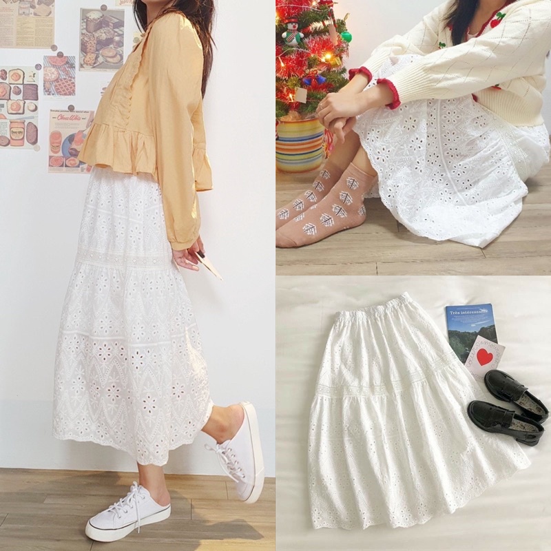 Chân váy trắng xô thêu 2 lớp 69cm cho nữ♥️Thời Trang Elisa♥️