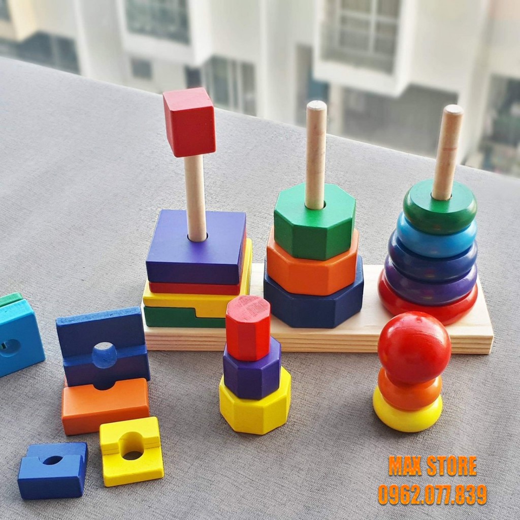 Bộ Giáo Cụ Montessori - Tháp Chồng 3 Cọc Bằng Gỗ ( Loại To Đẹp)