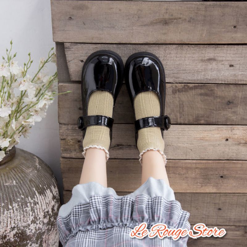 Giày oxford đế bằng Lolita màu đen bóng quai dán đi siêu nhẹ chân phong cách đáng yêu ( ảnh thật)