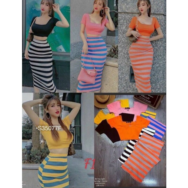 Set Bộ Váy Nữ Đi Tiệc, Set Áo Croptop Cổ Chữ U Chân Váy Sọc Dáng Dài Bút Chì Ôm Body Tôn Dáng