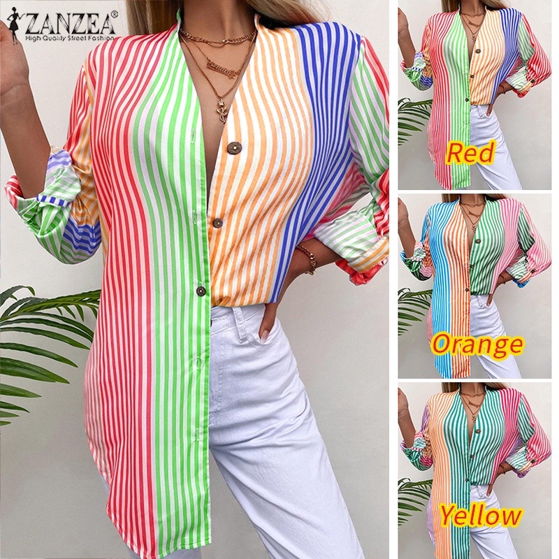 Áo sơ mi ZANZEA tay dài cổ đứng cài nút họa tiết sọc thời trang Âu Mỹ cho nữ