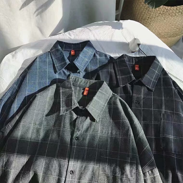 Áo sơ mi đi biển kẻ sọc tay dài dáng rộng thời trang kiểu Hàn Quốc Nhật Bản retro dành cho học sinh nam