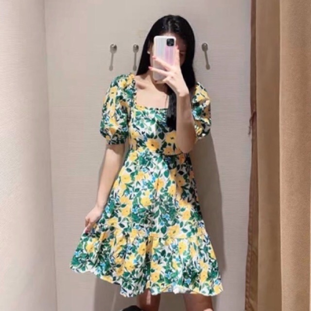 Đầm Zara hoạ tiết lá xanh hoa vàng màu rất đẹp, rạng rỡ DH1BTG4N8