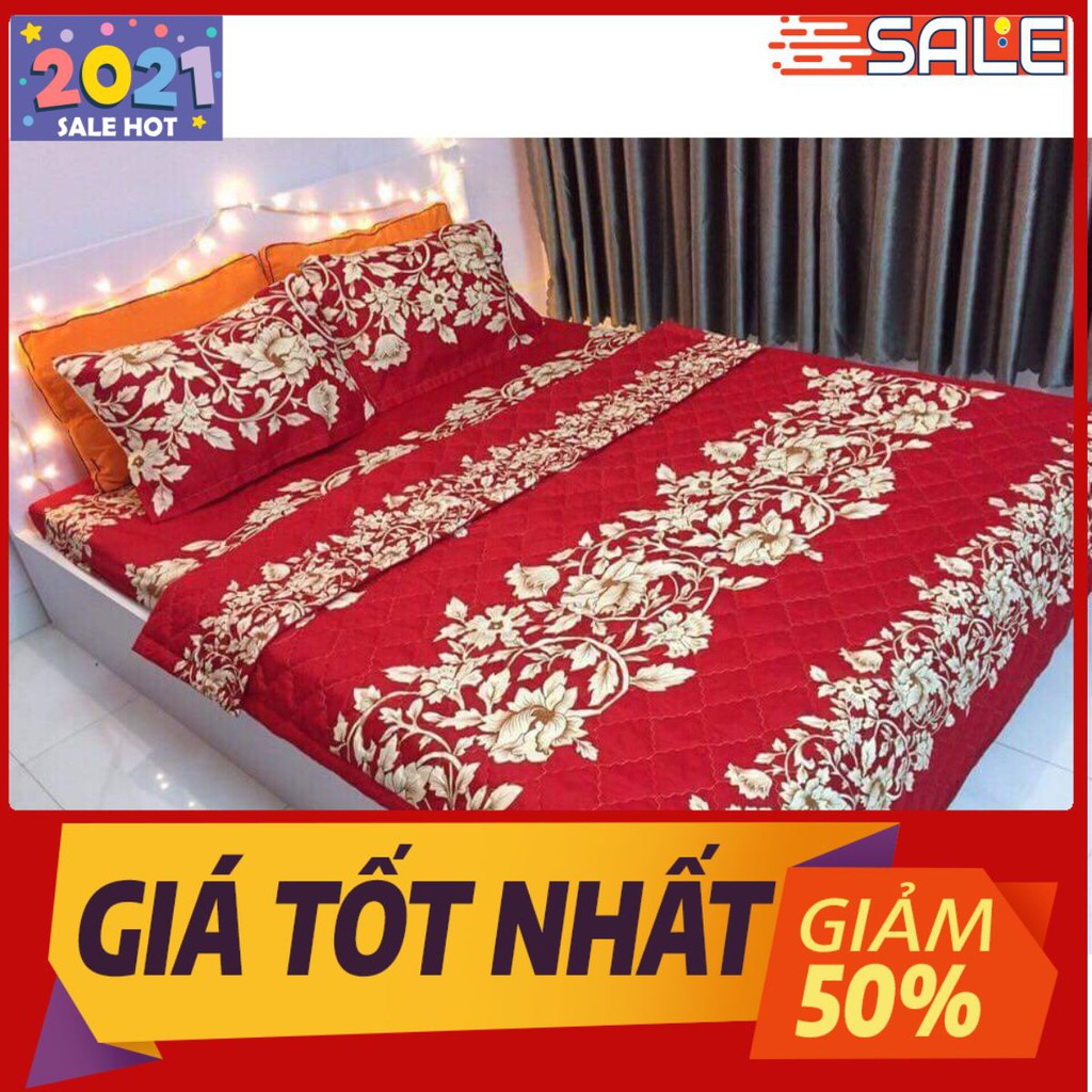 Bộ ga gối giường 1m8x2m đệm dày 20cm (mẫu dây hoa vàng nền đỏ)