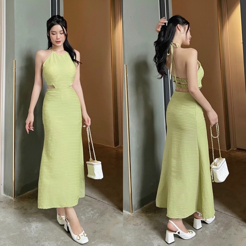 Maxi 2 dây cổ yếm hở/khoét/cut eo lưng trắng/xanh bơ, đầm váy dáng dài dễ thương đi chơi/biển dạo phố du lịch chụp hình