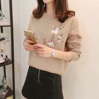 Áo len lông cừu thêu hoa anh đào thời trang