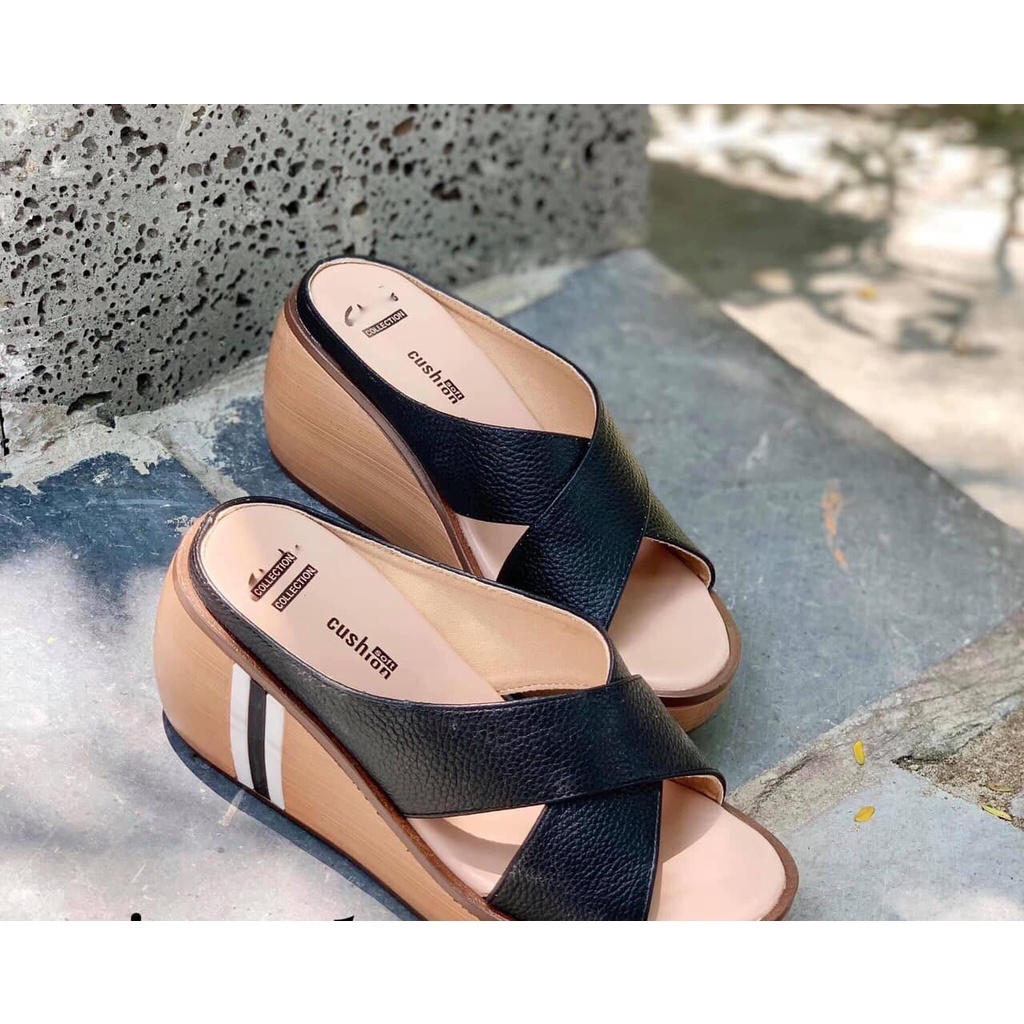 Dép Đế Xuồng Dép Quai Chéo Nữ Da Thật Cao 7cm