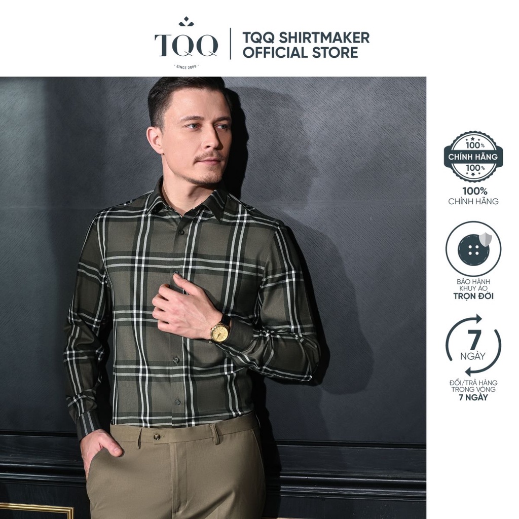 Áo sơ mi nam dài tay TQQ dáng Slimfit công sở ôm nhẹ K480CS màu xanh rêu chất liệu Viscose thoáng mát hạn chế nhăn