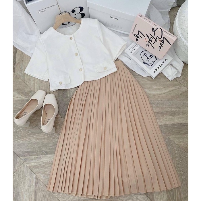 SET CROP DẠ PHỐI NÚT + CHÂN VÁY MIDI DẬP LI