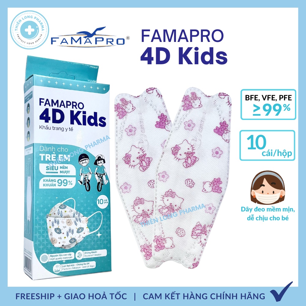 [Hộp 10 cái] Khẩu trang trẻ em KF94 4D Famapro hoạ tiết dễ thương dành cho bé 3 đến 10 tuổi