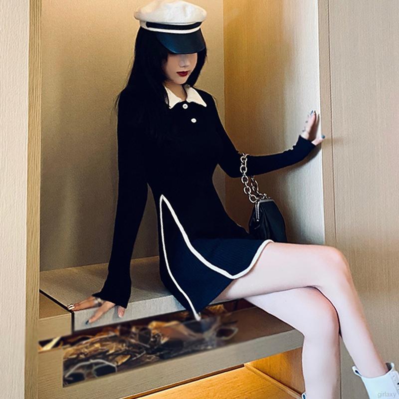 Đầm tay dài dáng ôm thiết kế phối màu theo phong cách hàn quốc