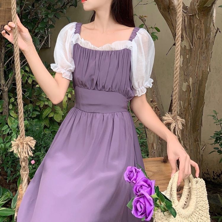 Váy trễ vai màu tím kiểu retro pháp thời trang thanh lịch cho nữ