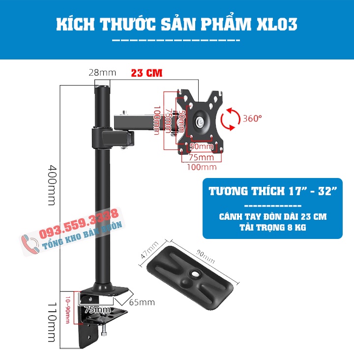 Giá Treo Màn Hình 17 - 32 Inch XL03 / HW-701 / ErgoTek EZ1 Tải Trọng 6 - 8 Kg - Lắp Đặt Kẹp Bàn [ Rẻ Hơn NB F80 ]