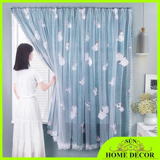 [MẪU xương rồng] Rèm treo tường che cửa sổ cực đẹp 2 lớp, dán tường ko cần khoan, Vải nền treo tường trang trí phòng