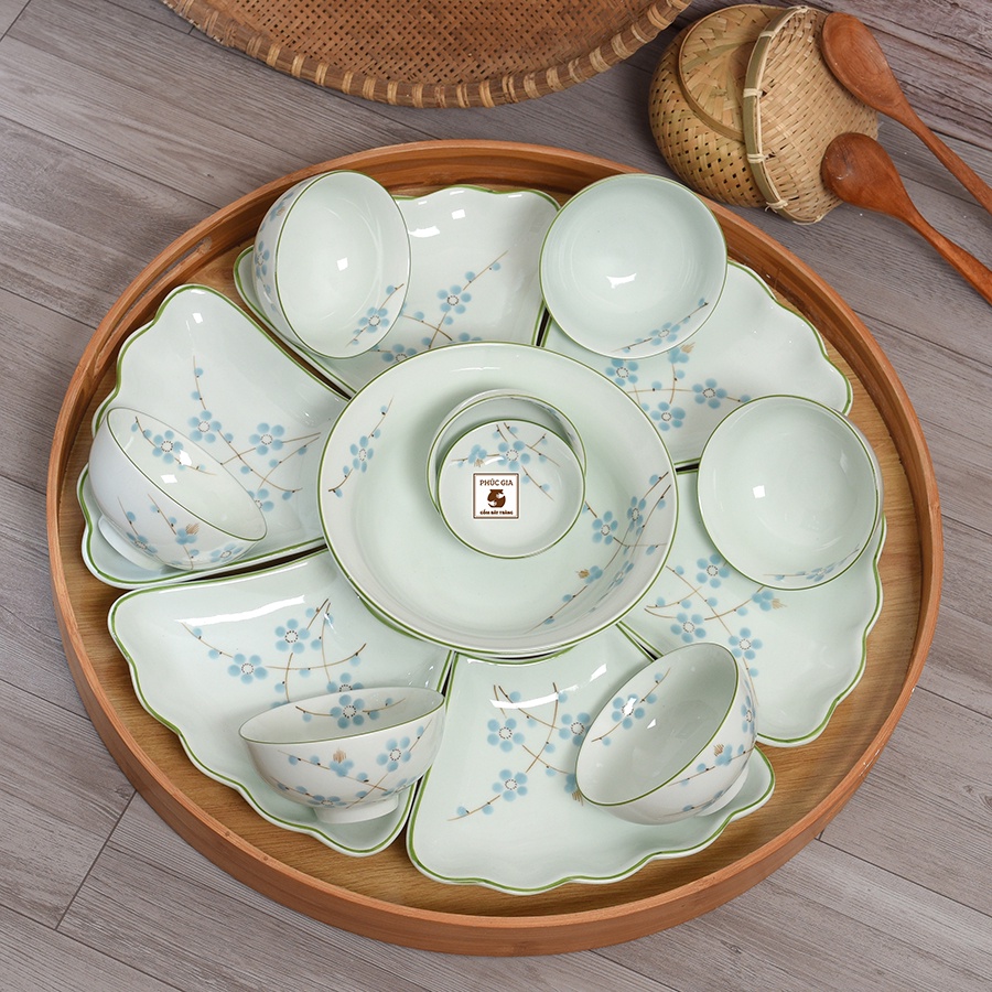 Bộ bát đĩa hoa mặt trời hoạ tiết Mai xanh, Gốm sứ Bát tràng cao cấp, Thuyền ngự gà mai vàng sz chuẩn dk 45cm