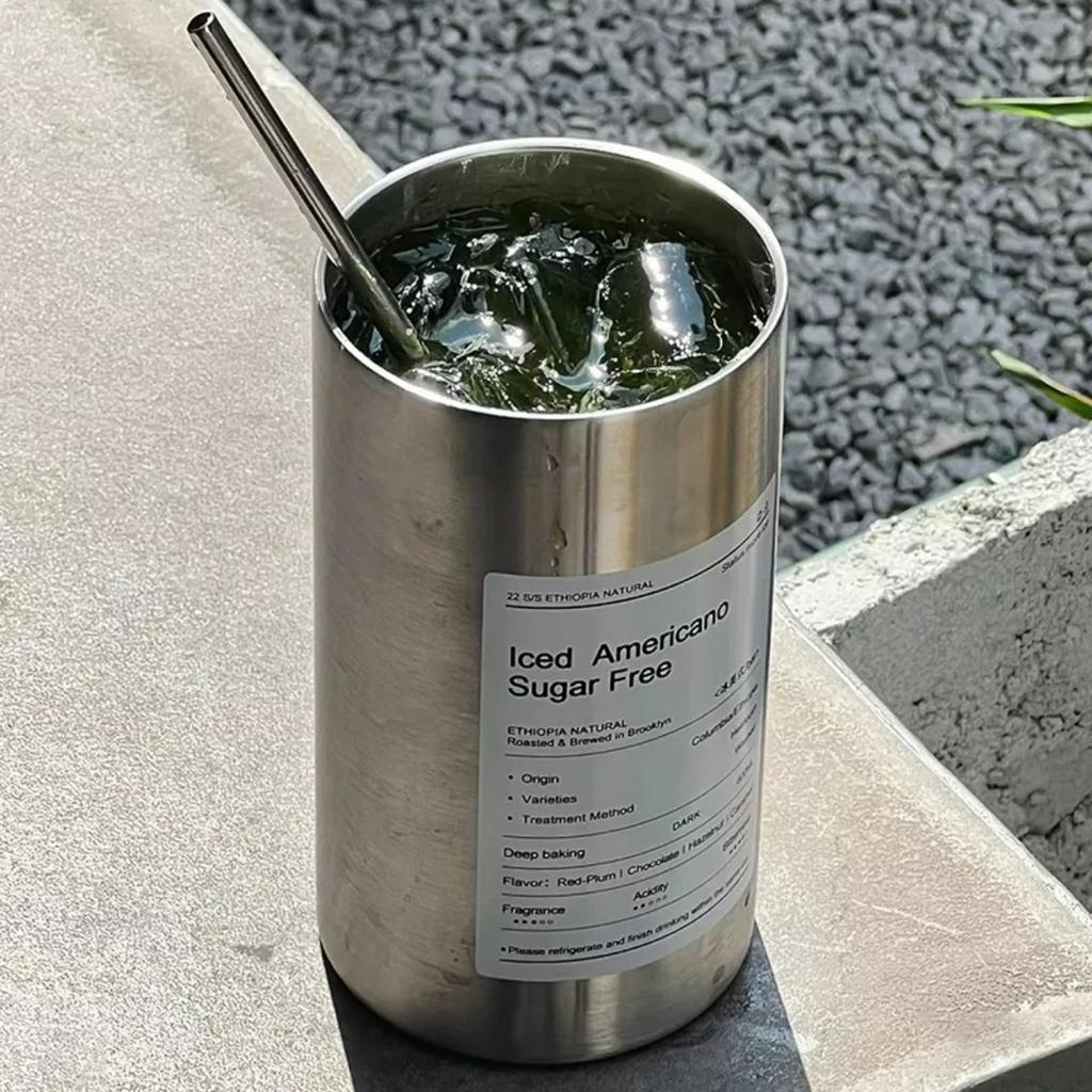 Bình đựng nước giữ nhiệt Iced Americano có ống hút dung tích 600ml, Ly cốc giữ nhiệt cute uống cà phê dùng văn phòng