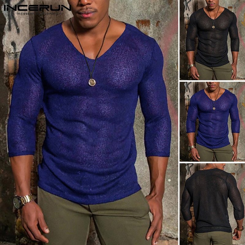 Áo thun INCERUN mỏng cổ chữ V màu trơn co giãn thời trang thông thường cho nam