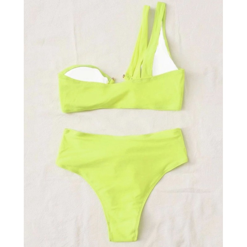 [BKN613] &lt;ÂU&gt; SET BIKINI LỆCH VAI KHUY NGỰC XANH NEON NƠ EO (CẠP CAO)