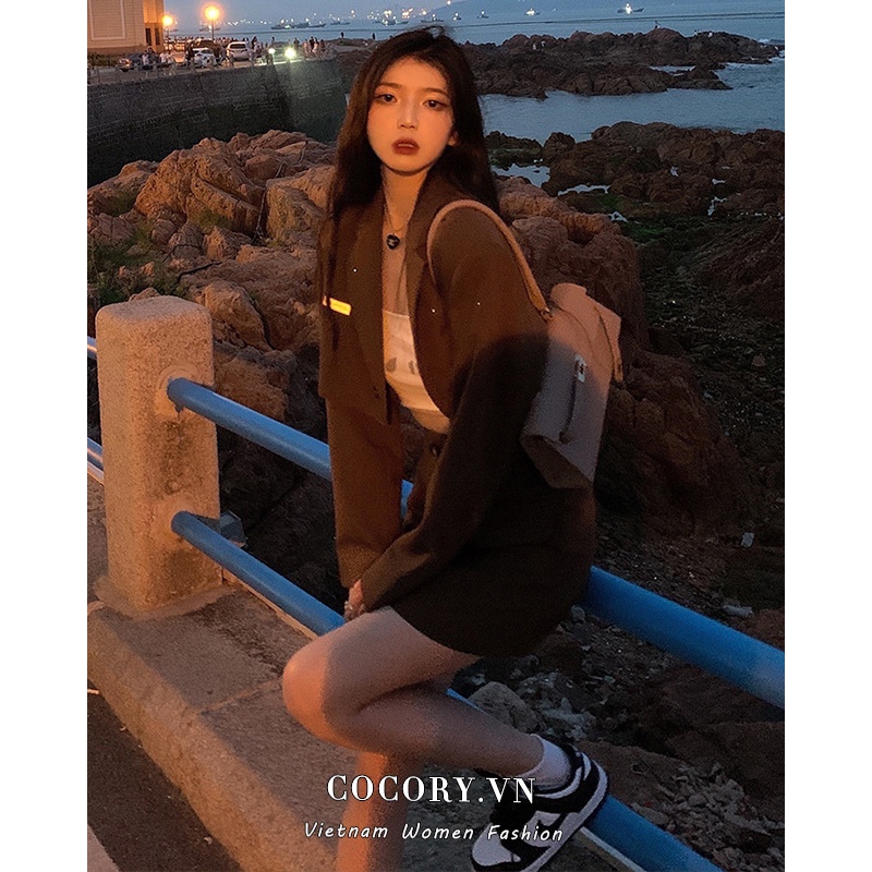 Cocory vn Set áo blazer tay dài phối chân váy chữ A lưng cao thời trang quyến rũ cho nữ